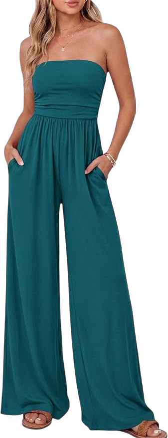 BTFBM ruched tube top wide leg romper