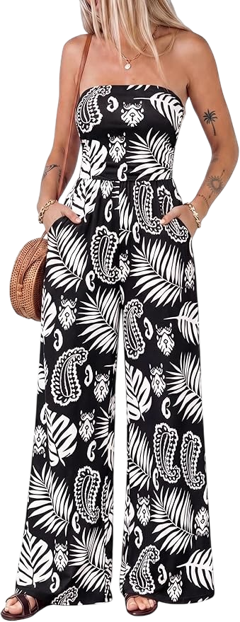 BTFBM floral strapless wide leg romper