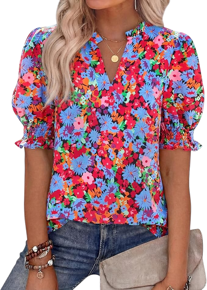 BTFBM floral boho puff sleeve top